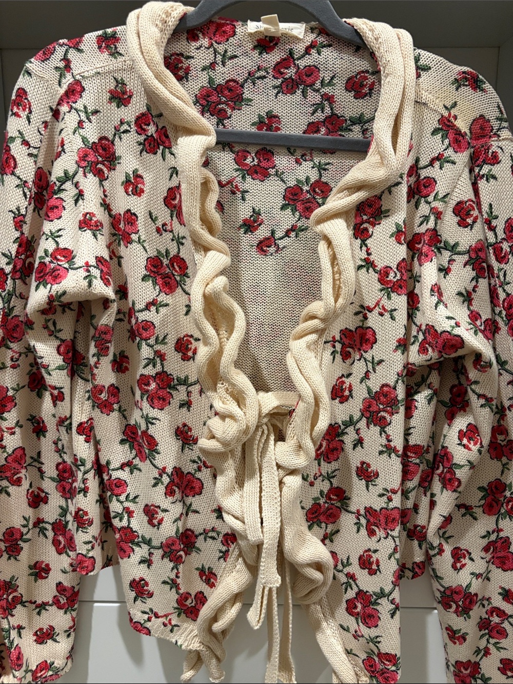 Shop Stevie Cream Cardigan with Red Rose Print and Ruffle Tie Front
